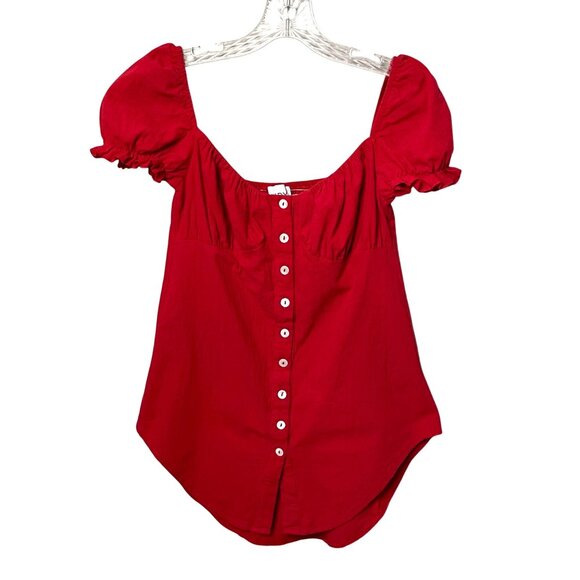 SNDYS Women's Kenny Button Up Blouse Red Puff Sleeve Off Shoulder Smocked Size M - Picture 1 of 7